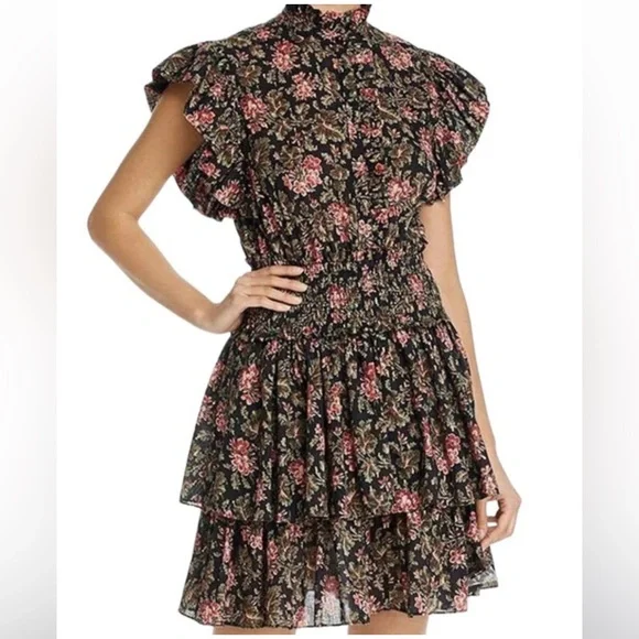 Rebecca Taylor La Vie Choette Cotton Floral Flutter Sleeve Smocked Tiered Dress - Picture 2 of 5